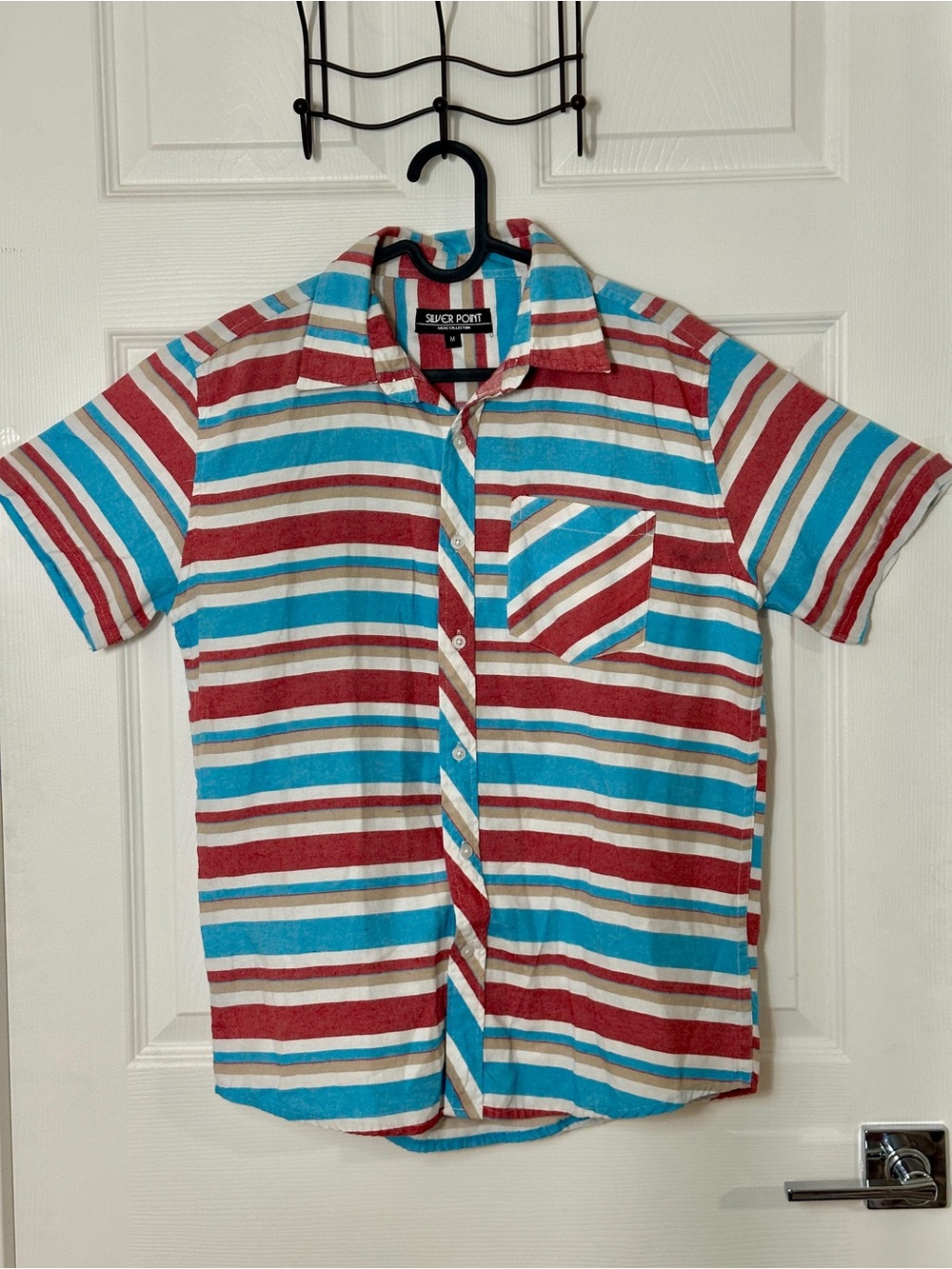 Short-Sleeve Striped Button-Down Shirt - Red, Blue & White, Super point SKU A3